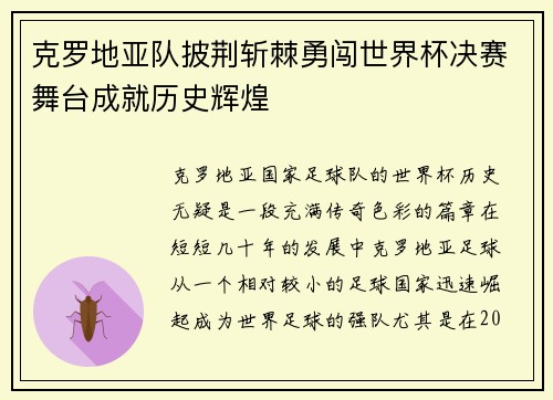 克罗地亚队披荆斩棘勇闯世界杯决赛舞台成就历史辉煌
