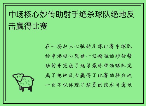 中场核心妙传助射手绝杀球队绝地反击赢得比赛